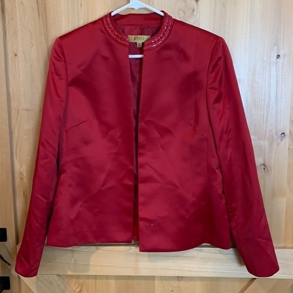 𝅺KASPER red blazer satin feel, beaded collar, open front, lined size 10 - Picture 1 of 8